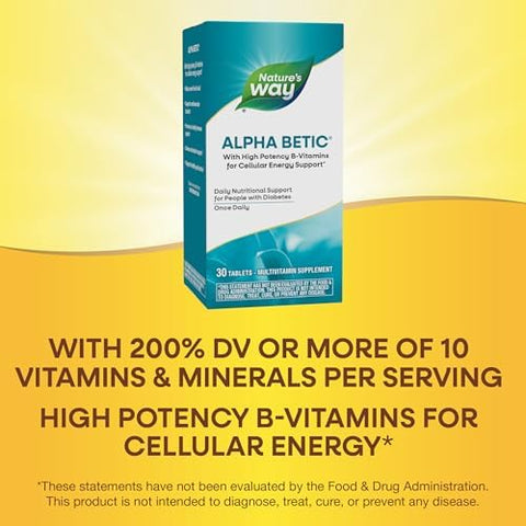 NatureS Way Alpha Betic Diabetic Multivitamin For Daily Nutritional Support With BVitamins For Energy Metabolism Support Alpha Lipoic Acid Taurine Lutein 30 Tablets