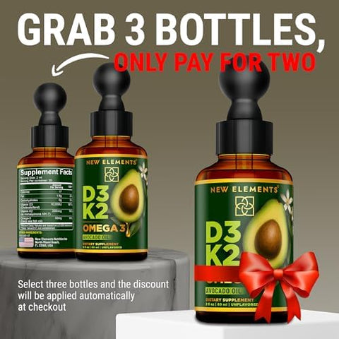 Elements Liquid Vitamin D3 + K2 Drops 10000 Iu With Omega-3 High Absorption For Bone Immune & Heart Support Pure Avocado Oil Base Non-Gmo 2 Fl Oz (60 Ml)