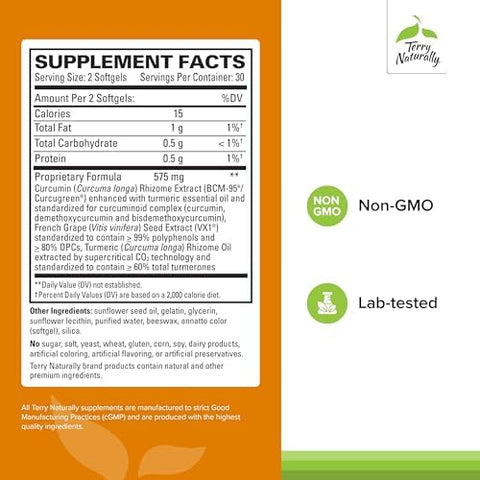 Terry Naturally Curamed + Clinical Opc Curcumin Supplement With French Grape Seed Extract Brain Prostate & Liver Health Support Supplement With Arturmerone 60 Softgels