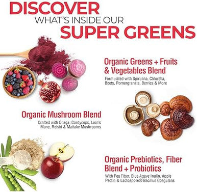 Country Farms Super Greens Power Pack 50 Organic Super Foods Greens Powder With Probiotics For Gut Health & Bloating Relief Supports Energy Unflavored & Berry 40 Serving