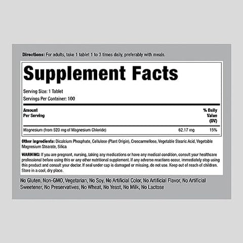 Piping Rock Magnesium Chloride 520mg 100 Tablets Vegetarian NonGMO Gluten Free Supplement