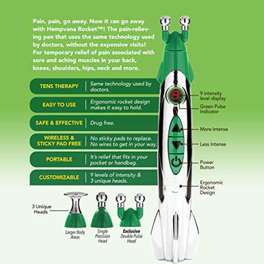 Hempvana Rocket Pain Relief Pen As Seen On Tv Wireless Tens Therapy Portable Muscle Stimulator - Same Technology Used By Doctors - Muscle Pain Relief -9 Adjustable Intensity Settings-3 Unique Heads