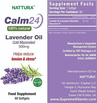 Nattura Calm Aid Lavender Oil Pills - 500mg - 60 Softgels - 100% Natural Helps Reduce Stress Calming for Body & Mind Non-GMO Certified Kosher