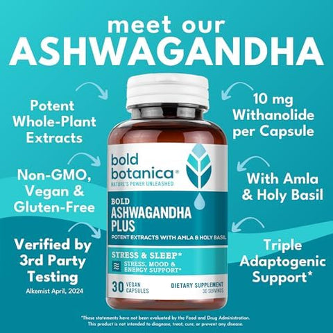 Bold Botanica Ashwagandha Plus Stress Mood Memory & Energy Support Potent Extracts Of Root And Leaf With Amla & Holy Basil Triple Adaptogenic Formula One Capsule Daily 30 Vegan Caps