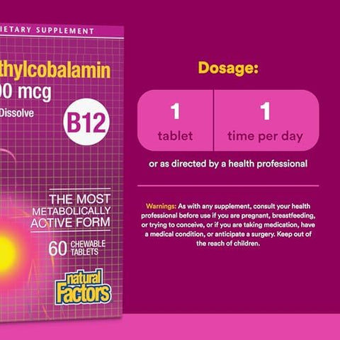 Natural Factors Vitamin B12 Methylcobalamin 5000 mcg Chewable Support for Energy and Immune Health Vegetarian 60 tablets (60 servings)