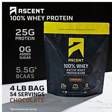 Ascent 100% Whey Protein Powder, Chocolate 4 Lb & Creatine Monohydrate Powder, Unflavored 45 Servings