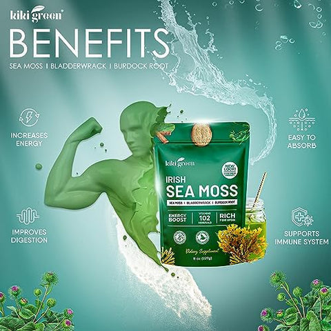 KIKI Green Irish Sea Moss Powder 8 Oz with Bladderwrack Burdock Root Extract for Immune Support Keto Vegan Supplement