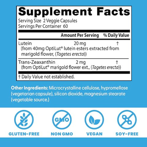 Doctor'S Best Lutein Supplement 20Mg With Trans Zeaxanthin - Lutein For Eyes Eye Health Vitamins For Men & Women Vision And Macular Health Support Capsules Optilut Marigold Flower 120 Veg Caps