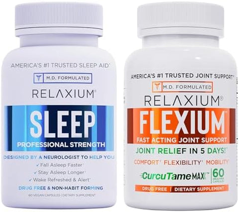 Relaxium Sleep & Joint Relief Bundle Melatonin & Ashwagandha Sleep Aid + Curcutame & Glucosamine Chondroitin 60 Capsules Each Drug Support For Sleep & Joint Health