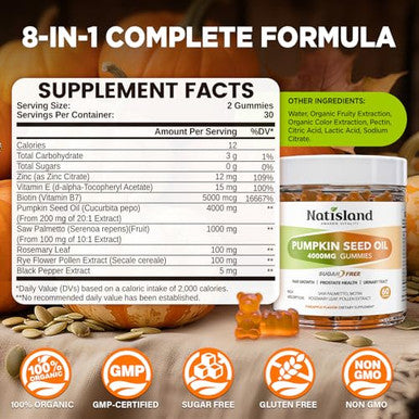 Natisland Pumpkin Seed Oil Gummies With Saw Palmetto Cold Pressed Pumpkin Seed Oil Supplement For Hair Growth Prostate Health & Urinary Tract Support Sugar Free Vegan Pineapple Flavor 60 Count