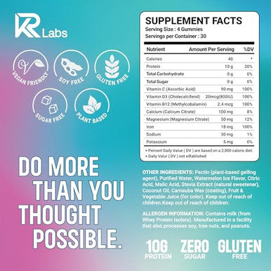 Kr Labs Zero Carb 100% Clear Whey Isolate Protein Gummies + Electrolyte | 300G Total Protein Per Bag | Plant Based Ingredients With Vitamins For Men & Women Gluten Free Non-Gmo | Watermelon 120 Count
