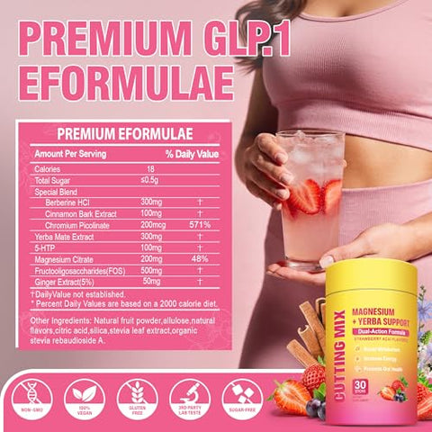 Noqonme Cutting Drink Mix Supports Energy & Gut Health With Magnesium Berberine Chromium 5-Htp Yerba Mate & Fos Sugar-Free Vegan Non-Gmo Strawberry A A 30 Servings