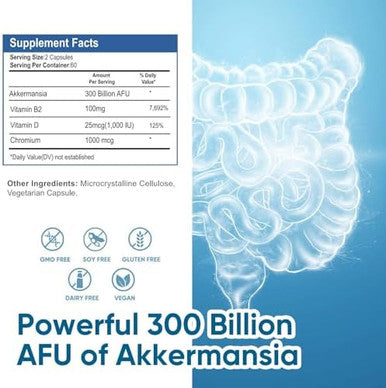 300 Billion Afu Akkermansia Probiotic Supplement - 120 Capsules 2 Month Supply Supports Digestive, Immune & Overall Health - Increases Glp-1 Production - For Men & Women