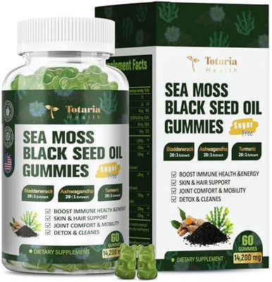 Totaria 11-In-1 Sugar Sea Moss Gummies With Black Seed Oil Ashwagandha Ginger - True Irish Seamoss Advanced & Burdock Root Turmeric Bladderwrack - Support Immune, Gut, Youthful, Digestion