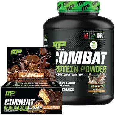 Muscle Pharm Combat 4Lb Horchata Protein & Musclepharm Combat Chocolate Peanut Butter Cup Sport Bars