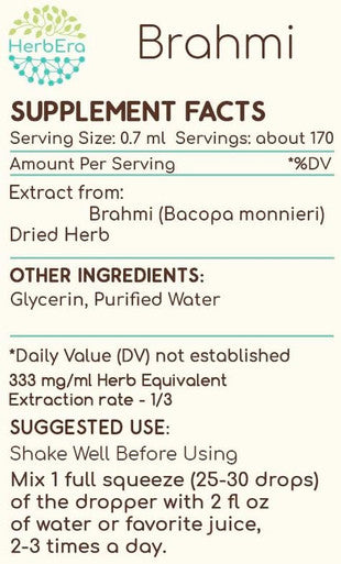 Brahmi B120 Alcohol-Free Herbal Extract Tincture, Concentrated Liquid Drops Natural Brahmi (Bacopa Monnieri) Dried Herb (4 fl oz)