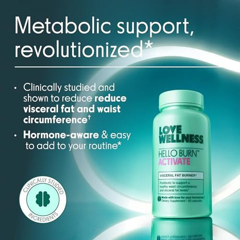 Love Wellness Hello Burn Activate Support Visceral Fat Burn With Ht Bpl1 Postbiotic Supports Healthy Waist Circumference Longevity And Metabolic Wellness 30 Count