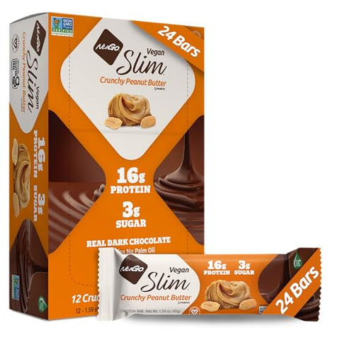 Nugo Slim Dark Chocolate Crunchy Peanut Butter 16G Vegan Protein 3G Sugar 7G Fiber Low Net Carb Keto Friendly Gluten 24 Count