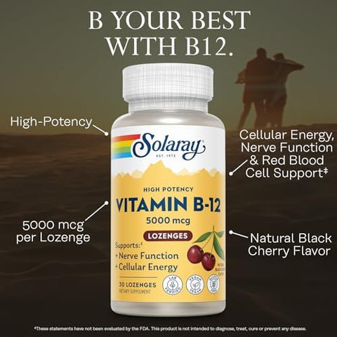Solaray Vitamin B12 5000mcg Lozenges B12 Vitamins 5000 mcg Methylcobalamin Lozenges for Women and Men Methylated B Vitamins for Energy Support and Nerve Health Natural Cherry Flavor 30 Count
