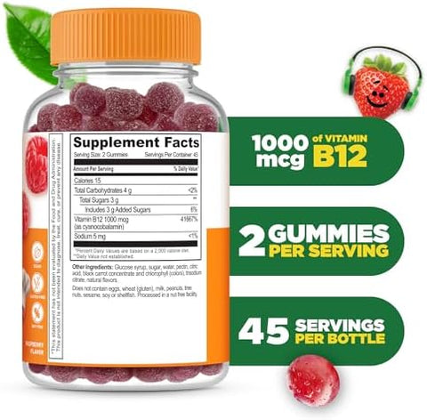 Lifeable Vitamin B12 for Kids 1000 mcg Great Tasting Vitamin B12 Gummies Gluten Free Vegan B12 Vitamins B12 Vitamins for Energy Mood and Nervous System Support 90 Gummies