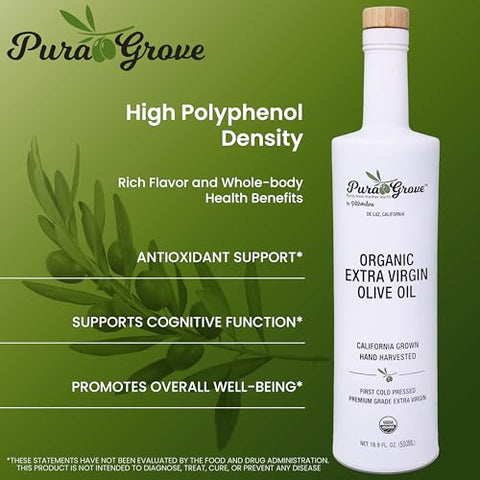 Pura Grove Organic Cold Pressed Extra Virgin Olive Oil Premium Grade - High Polyphenol - Hand Harvested & California Grown - 16.9Oz Opaque Glass Bottle 2024 Harvest 2025 Bottled