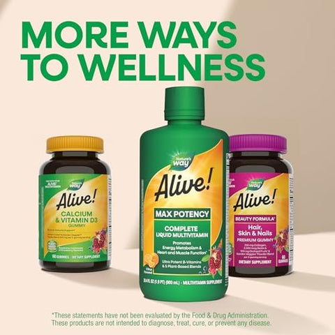 NatureS Way Alive Max Potency Complete Liquid Multivitamin Liquid Vitamin Promotes Energy Metabolism Heart and Muscle Function With Vitamins A B C D Multivitamins For Women and Men 30.4 Fl Oz