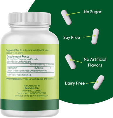 Bestvite Artemisinin 200mg (60 Vegetarian Capsules) - No Stearates - No Flow Agents - Vegan - Non GMO - Gluten