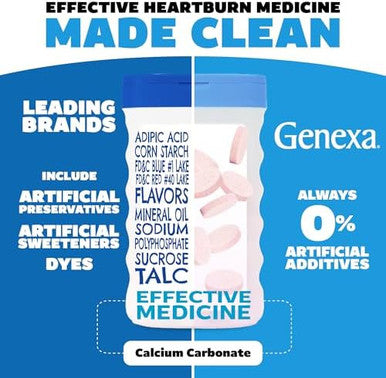 Genexa Clean Antacid Maximum Strength Chewable Tablets Dye 0% Artificial Additives Calcium Carbonate Relief For Heartburn Acid Indigestion & Upset Stomach Organic Berry Flavor 72 Ct