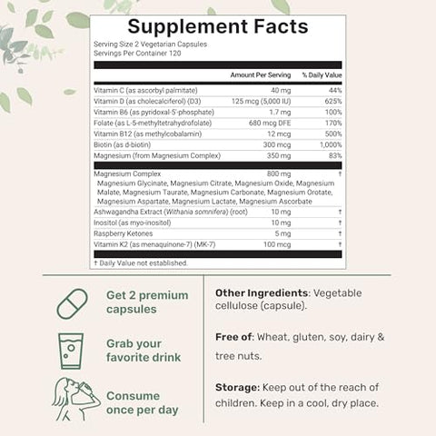 Micro Ingredients Magnesium Complex For Women 240 Vegetarian Capsules 20-In-1 Formula - Magnesium Blend With Vitamin D3 K2 Ashwagandha & More Filler Free Non-Gmo