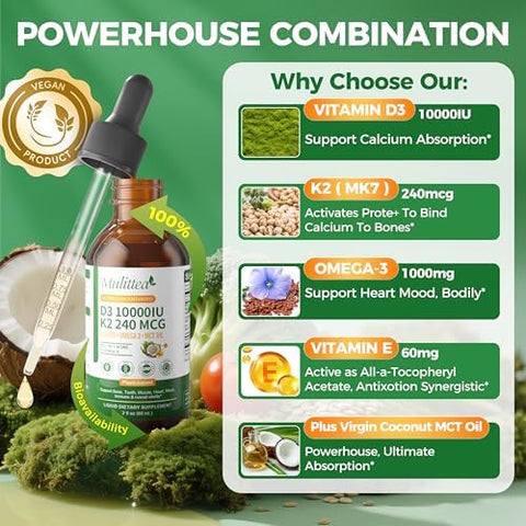 2 Pack Organic Vitamin D3 K2 Liquid w/ Vegan Omega3 and Coconut MCT Oil 10000 IU Maximum Strength Vitamin D Supplement No Fillers NonGMO K2 as MK7 for Bones Muscles and High Absorption2 Fl Oz
