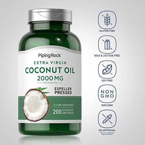 Piping Rock Coconut Oil for Skin and Hair | 2000mg Softgel Capsules | 200 Count | Expeller Pressed | Extra Virgin | Non-GMO, Gluten Free Supplement