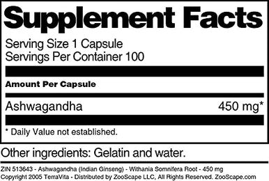 Terravita Ashwagandha (Indian Ginseng) - Withania Somnifera Root - 450 Mg (100 Capsules, Zin: 513643)