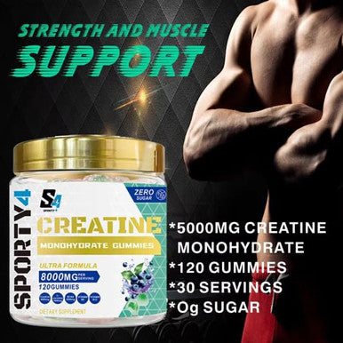 Sporty4 CREATINE Gummies Ultra + BCAA 8000mg | 120 Gummies of Creatine Monohydrate | BCAA | L Carnitine | Vitamin B6 and B12. Pre Workout Muscle Recovery Supplement for Men and Women Blueberry Flavour.