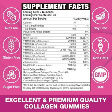 2-Pack Collagen Gummies For Women & Men - With Biotin, Vitamin C, & Zinc For Skin Radiance, Hair Growth, Strong Nails, & Joint Support, 120 Count