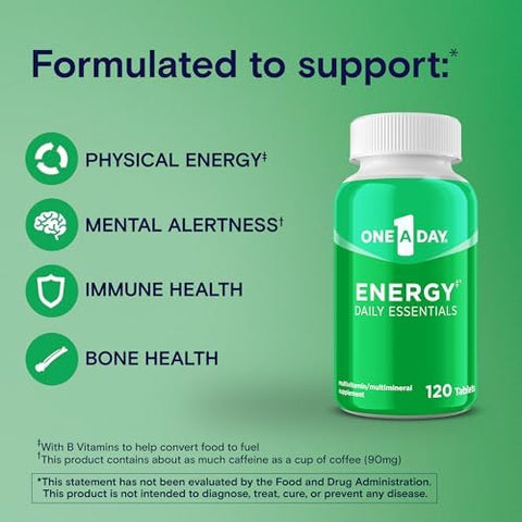 One A Day Energy Daily Essentials Multivitamin Energy Supplement to Support Mental Alertness and Immune Health with Vitamins A C D E Zinc and Caffeine 120 Count