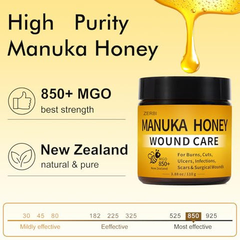 Manuka Honey for Wounds, Speed up Healing for Cuts, Surgical Wounds, Scars, Foot Ulcers, Infection, Burns, Non-Sticky, No Crystallization, Easy to Apply, 3.88 oz