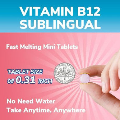 Vitalibre Vitamin B12 Sublingual 5000 mcg Methylcobalamin Bioactive Form High Absorption Vegan Nerve Energy Immune Mood Support Natural Peach Flavor Fast Dissolve Mini Tablets No Sugar