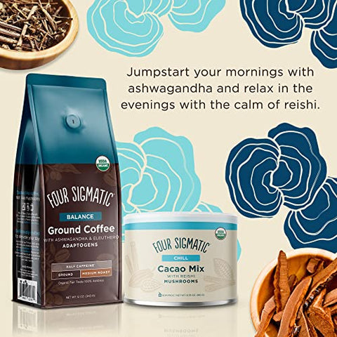 Four Sigmatic Chill Hot Cacao Can + Adaptogen Ground Coffee Bundle By Four Sigmatic Organic Reishi Mushroom With Cacao Powder Focus And Energy Boosting Coffee With Ashwagandha Chaga Mushroom Eleuthero