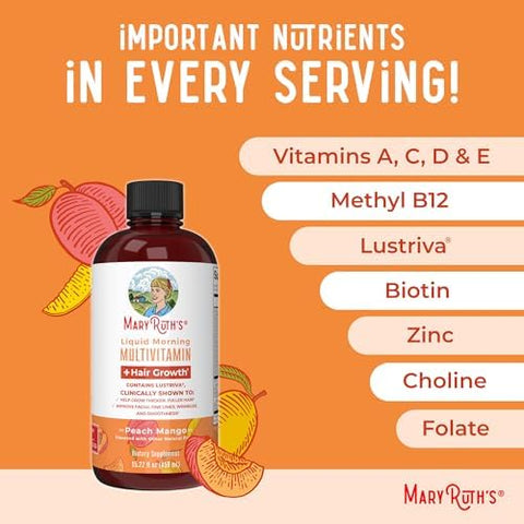MaryruthS Liquid Morning Multivitamin +Hair Growth (Peach Mango 15Oz) and Nighttime Multimineral (Coconut 15Oz) Clean Label Project Verifieda' Vegan NonGmo Beauty Bedtime Routine and Wellness
