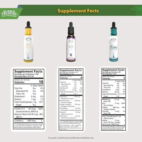 Buried Treasure Vitamin D3 K2 Ionic Zinc and Lymphatic Harmony Liquid Drops Supplement Bundle