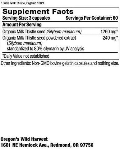 Oregons Wild Harvest Milk Thistle Organic NonGMO Herbal Supplement 180Count