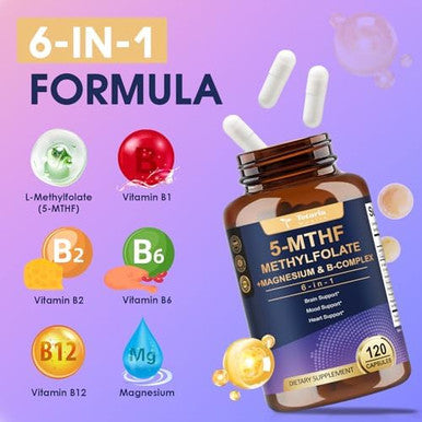 Totaria L Methylfolate 15Mg 5-Mthf With B-Complex & Dual Magnesium Active 5-Mthf Form + Methyl B12 Supports Methylation, Cellular Function & Energy Metabolism Non-Gmo, Gluten (120 Capsules)