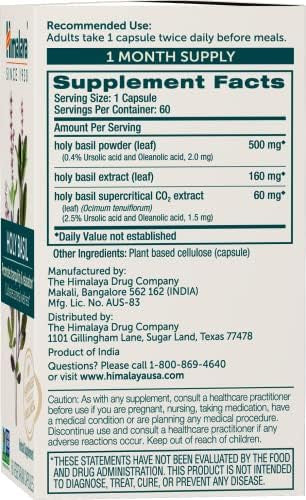 Himalaya Holy Basil Tulsi Herbal Supplement Stress Relief Relaxation Occasional Sleeplessness Promotes Calm Energy Support Ayurvedic Nongmo Vegan 720 Mg 60 Capsules 30 Day Supply