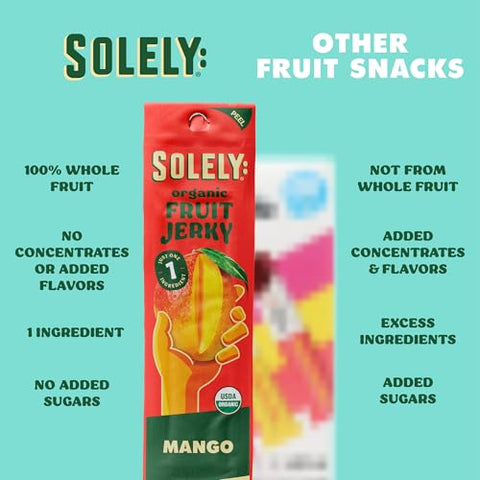Solely - Organic Mango Fruit Jerky - 5 Individually Wrapped Fruit Strips - Fruit Leather Made from Dried Fruits - Healthy Snacks, Vegan - 0.8oz (23g)