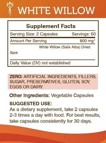 Secrets Of The Tribe White Willow Capsules 800 mg White Willow (Salix Alba) Dried Bark, Pain Relief Supplement (2x120 Capsules)