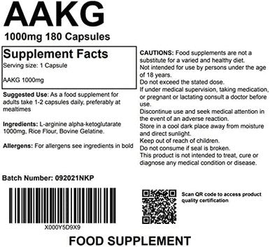 AAKG L-Arginine Alpha Ketoglutarate 180 1000mg Capsules Supplement Nitric Oxide Pre Workout Booster Muscle Pump