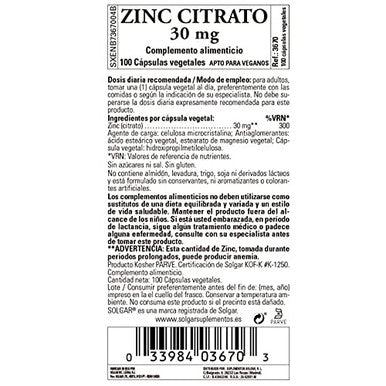 Solgar Zinc Citrate 30 Mg 100 Vegetable Capsules - Zinc For Healthy Skin Immune Support 100 Servings 100 Count