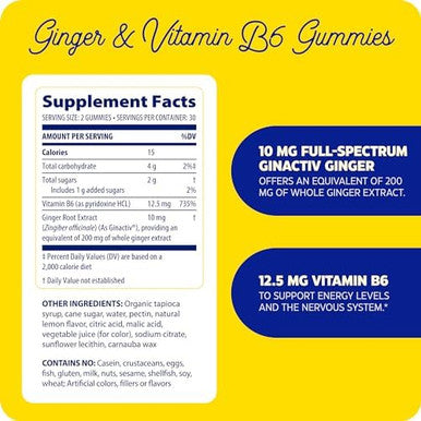Enzymedica Ginger & Vitamin B6 Gummies Support For Occasional Nausea & Indigestion High Potency Equivalent To 200 Mg Ginger Extract 60 Count