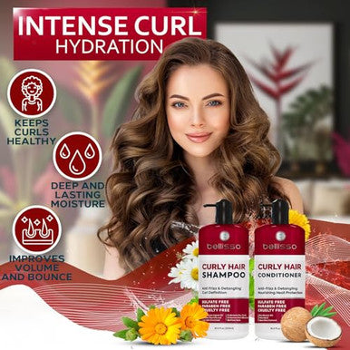 Bellisso Curly Hair Shampoo And Conditioner Set And Biotin Heat Protection Hair Spray With Moroccan Argan Oil