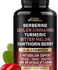 Nutraharmony Berberine With Ceylon Cinnamon Bitter Melon (Karela) Apple Cider Vinegar Hawthorn Berry Citrus Bergamot Turmeric - 15-In-1 Supplement For Heart Support Metabolism & Energy 60 Capsules